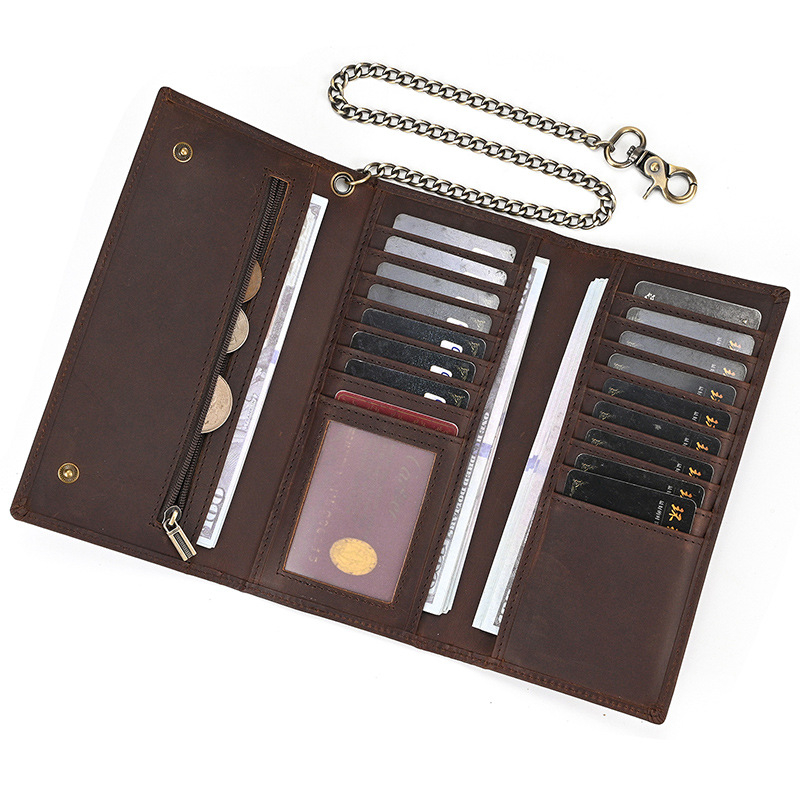 Мъжки портфейл от естествена кожа, първи слой телешка кожа, монетник, множество джобове за карти, найлонова подплата, метален ключодържател