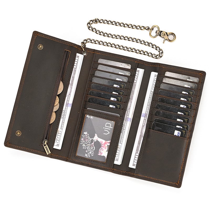 Мъжки портфейл от естествена кожа, първи слой телешка кожа, монетник, множество джобове за карти, найлонова подплата, метален ключодържател