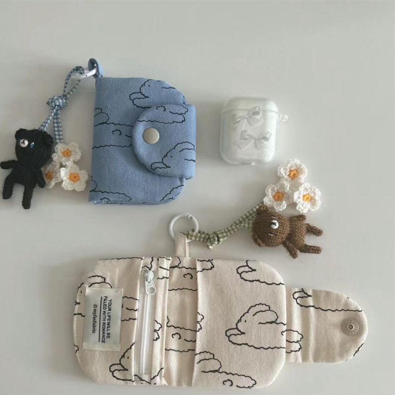 Textil kanvasz virágos nyuszi kártyatartó, uniszex, friss és édes stílus, több rekesz a tároláshoz, vágás elleni és lopás elleni védelem