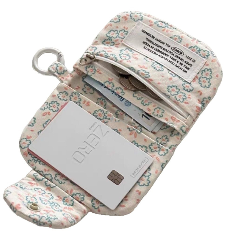 Textil kanvasz virágos nyuszi kártyatartó, uniszex, friss és édes stílus, több rekesz a tároláshoz, vágás elleni és lopás elleni védelem