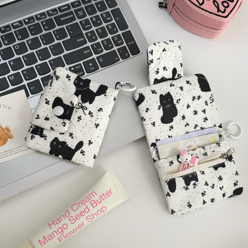 Textil kanvasz virágos nyuszi kártyatartó, uniszex, friss és édes stílus, több rekesz a tároláshoz, vágás elleni és lopás elleni védelem