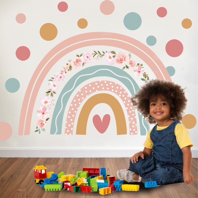 Carpenter`s Line PVC lipnus sienų lipdukas – boho/Ins stilius, širdies ir vaivorykštės motyvas, graffiti sienų lipdukas, svetainė, miegamasis, studija, įėjimas