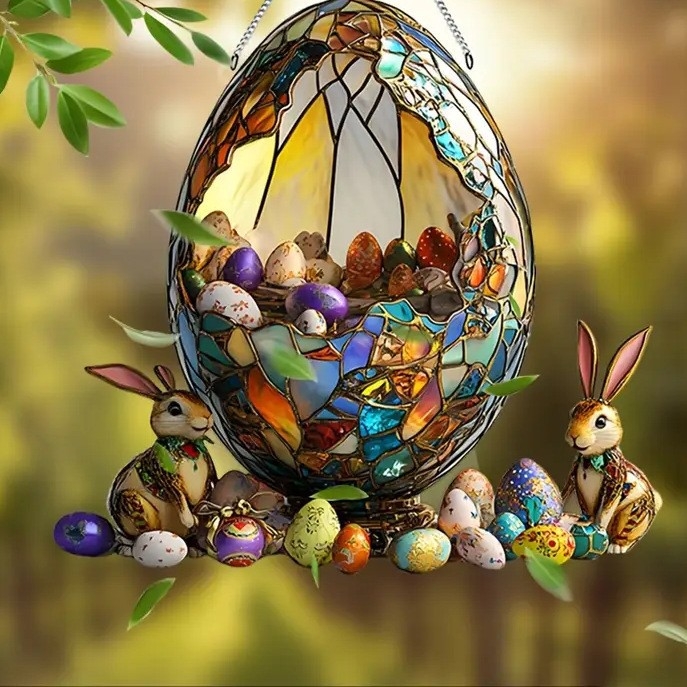 Akrilinės Velykinės kabinamos dekoracijos – kiaušinis ir kiškis, lango dekoracija, sieninis pakabukas, spauda