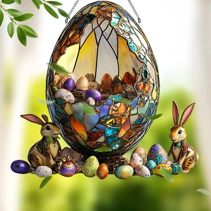 Akrilinės Velykinės kabinamos dekoracijos – kiaušinis ir kiškis, lango dekoracija, sieninis pakabukas, spauda