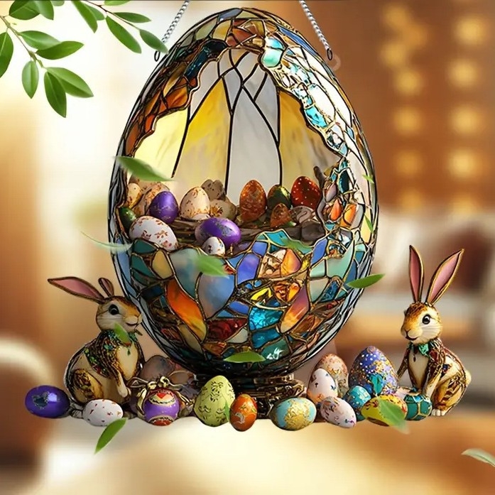 Akrilinės Velykinės kabinamos dekoracijos – kiaušinis ir kiškis, lango dekoracija, sieninis pakabukas, spauda