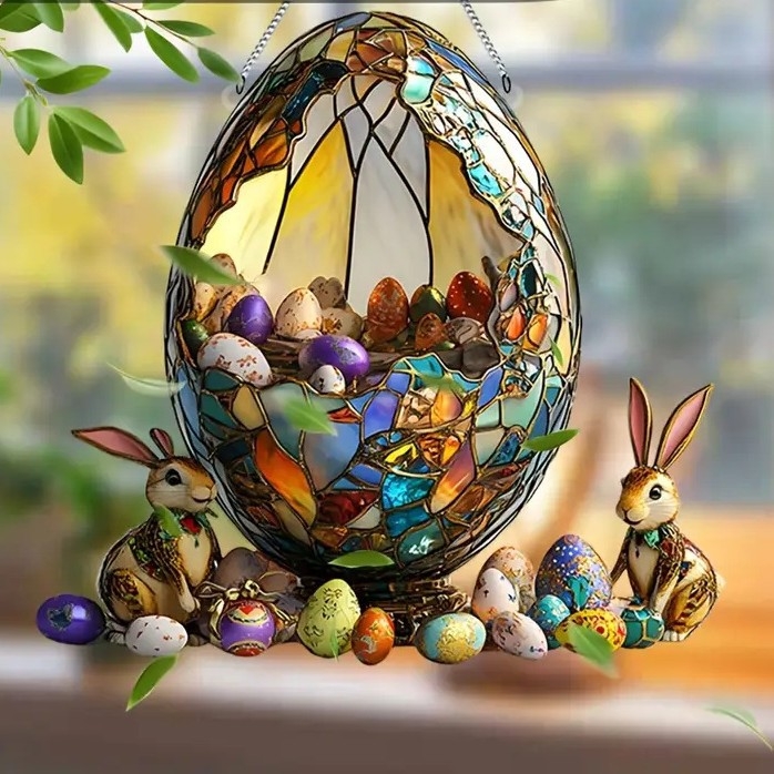 Akrilinės Velykinės kabinamos dekoracijos – kiaušinis ir kiškis, lango dekoracija, sieninis pakabukas, spauda