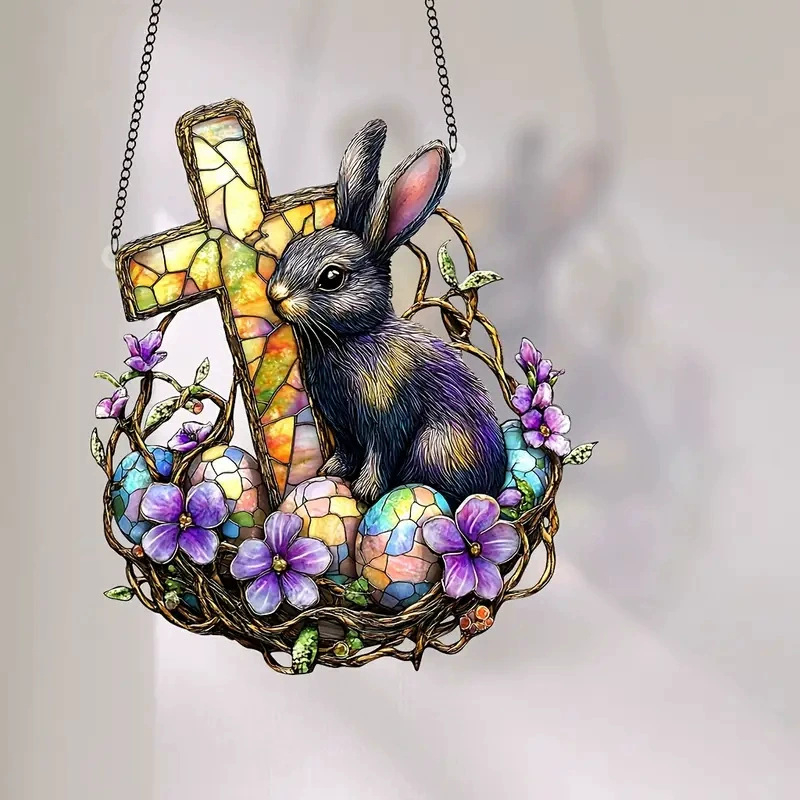 Akrilinės Velykinės kabinamos dekoracijos – kiaušinis ir kiškis, lango dekoracija, sieninis pakabukas, spauda