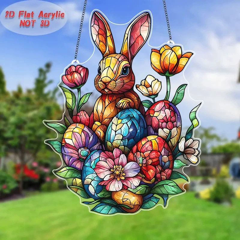 Akrilinės Velykinės kabinamos dekoracijos – kiaušinis ir kiškis, lango dekoracija, sieninis pakabukas, spauda