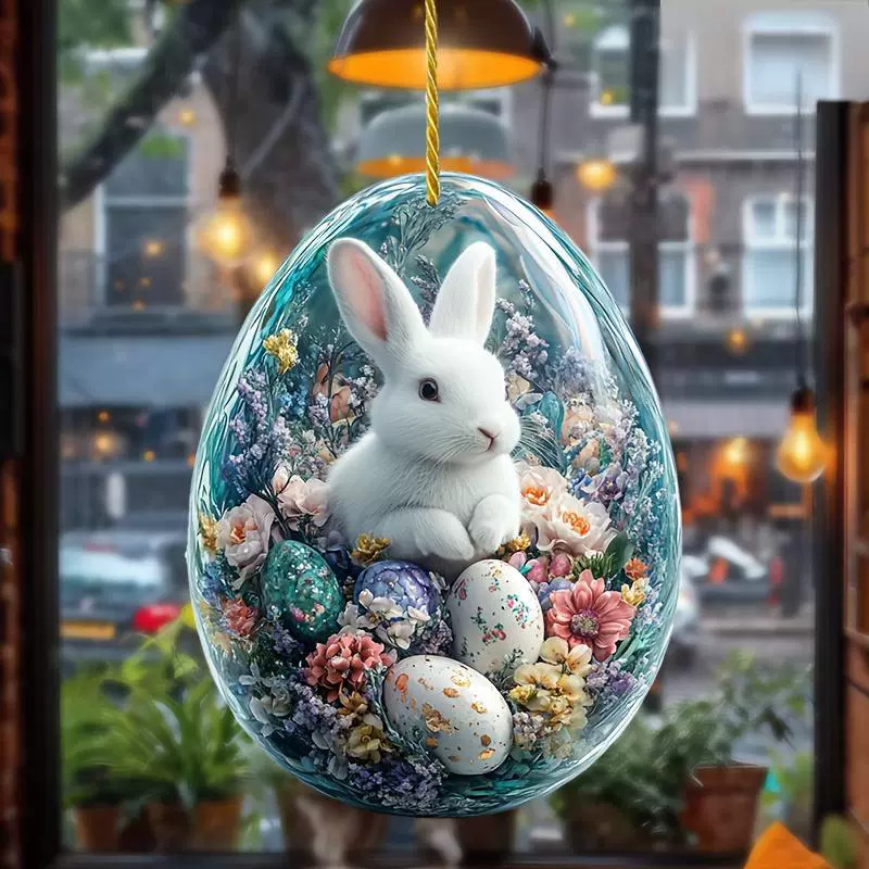 Akrilinės Velykinės kabinamos dekoracijos – kiaušinis ir kiškis, lango dekoracija, sieninis pakabukas, spauda