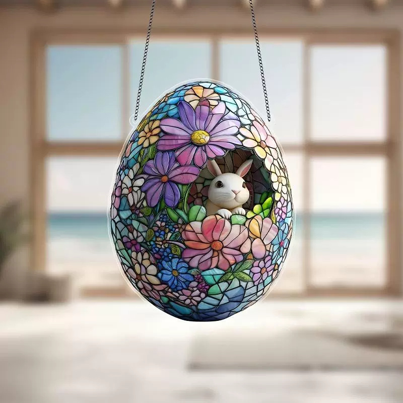 Akrilinės Velykinės kabinamos dekoracijos – kiaušinis ir kiškis, lango dekoracija, sieninis pakabukas, spauda