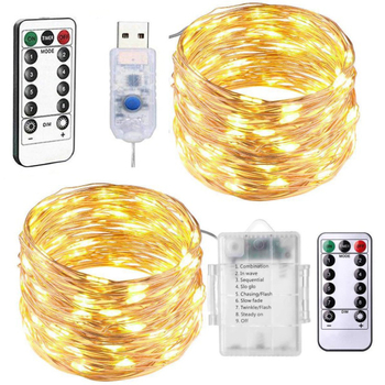 LED vara vadu gaismas virkne — 100 LED, IP44 ūdensdrošs, barošana ar bateriju kastīti, 12V ieeja