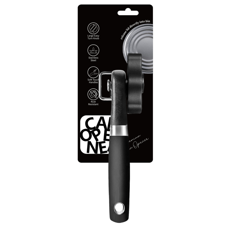 Rokasdrošības konservu atvērtājs ar sānu asmeni, vienrokas rokturis, daudzfunkcionāls