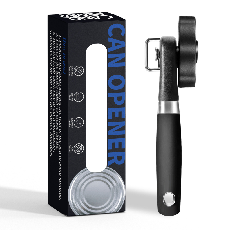 Rokasdrošības konservu atvērtājs ar sānu asmeni, vienrokas rokturis, daudzfunkcionāls