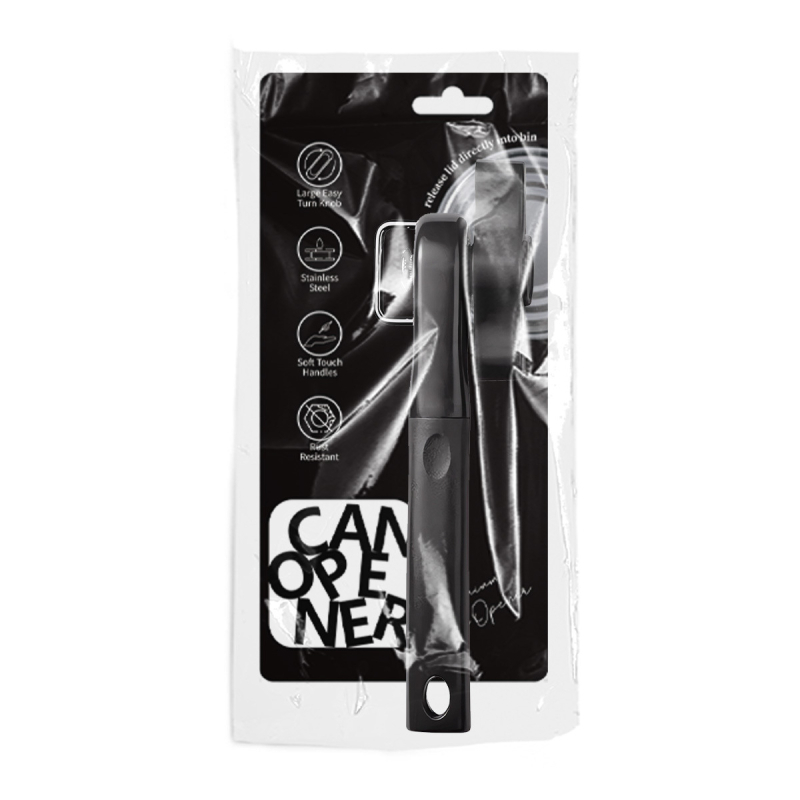 Rokasdrošības konservu atvērtājs ar sānu asmeni, vienrokas rokturis, daudzfunkcionāls