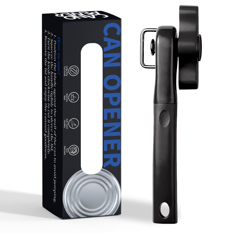 Rokasdrošības konservu atvērtājs ar sānu asmeni, vienrokas rokturis, daudzfunkcionāls