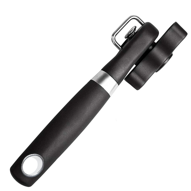 Rokasdrošības konservu atvērtājs ar sānu asmeni, vienrokas rokturis, daudzfunkcionāls