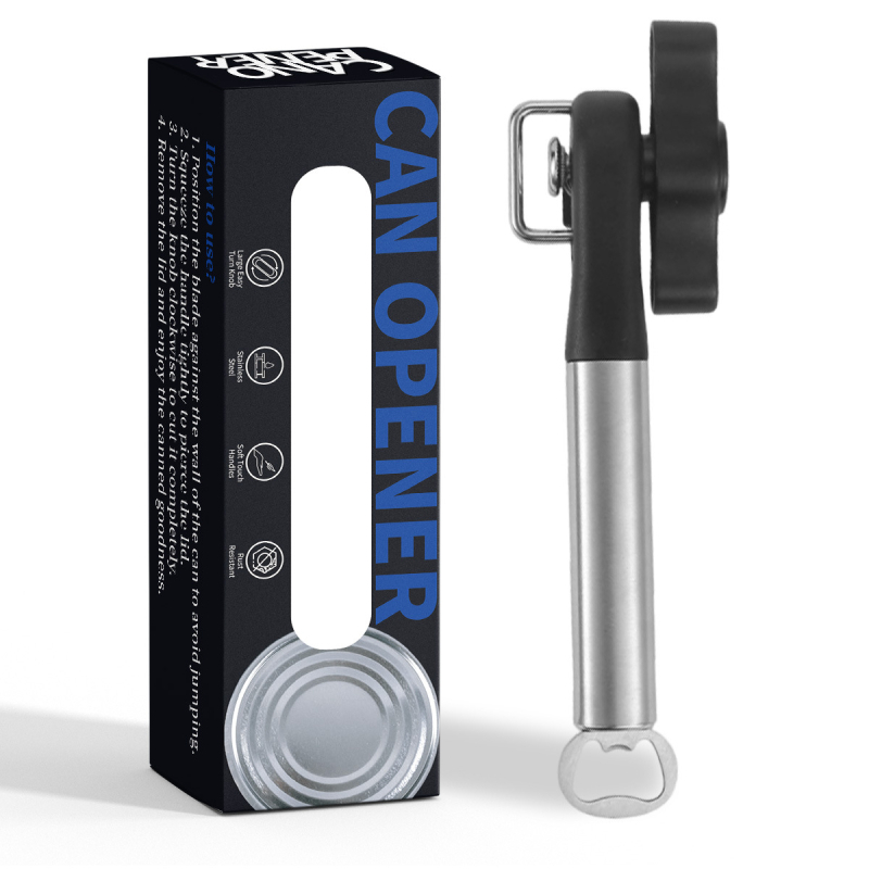 Rokasdrošības konservu atvērtājs ar sānu asmeni, vienrokas rokturis, daudzfunkcionāls