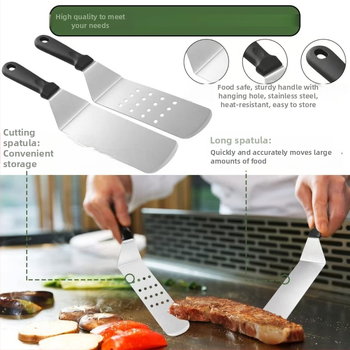 18 dalių nerūdijančio plieno kepsninės įrankių rinkinys su medinėmis rankenomis lauko teppanyaki kepimui; įskaitant klipsą, šepetėlį, šakutę ir mentele