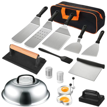 18 dalių nerūdijančio plieno kepsninės įrankių rinkinys su medinėmis rankenomis lauko teppanyaki kepimui; įskaitant klipsą, šepetėlį, šakutę ir mentele