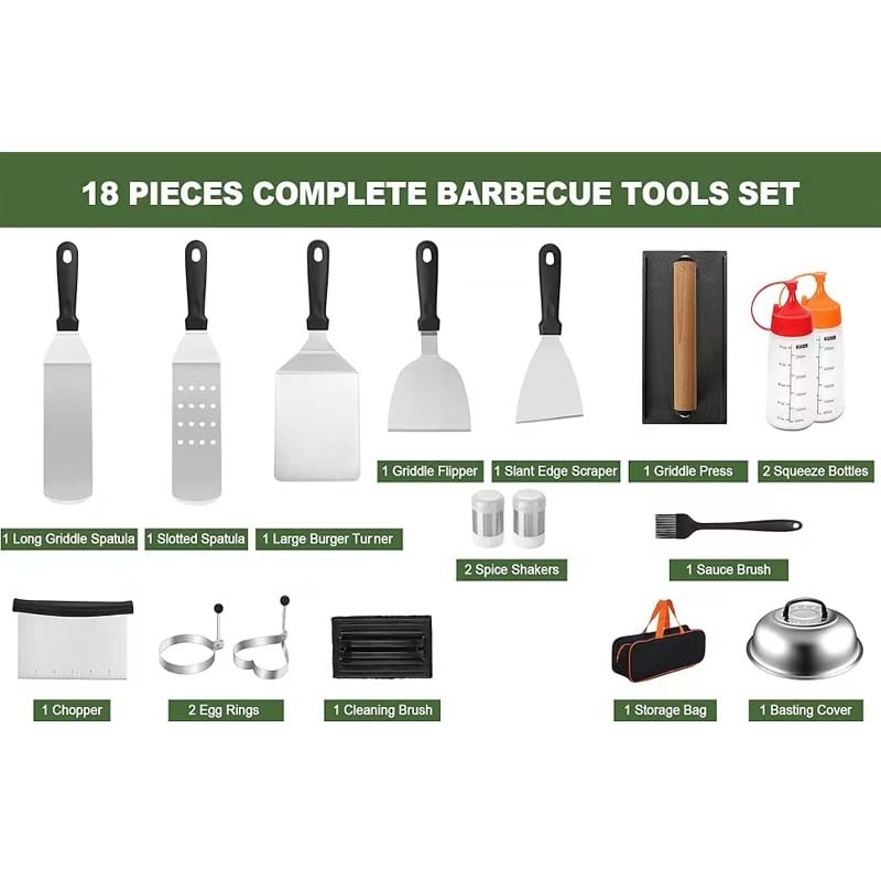 18 dalių nerūdijančio plieno kepsninės įrankių rinkinys su medinėmis rankenomis lauko teppanyaki kepimui; įskaitant klipsą, šepetėlį, šakutę ir mentele