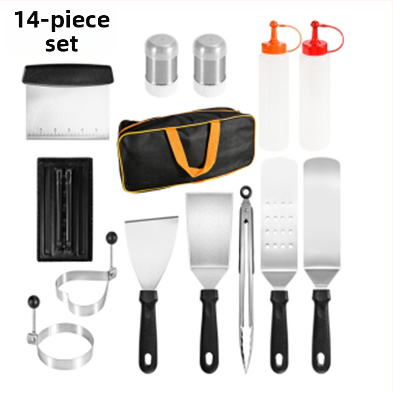 18 dalių nerūdijančio plieno kepsninės įrankių rinkinys su medinėmis rankenomis lauko teppanyaki kepimui; įskaitant klipsą, šepetėlį, šakutę ir mentele