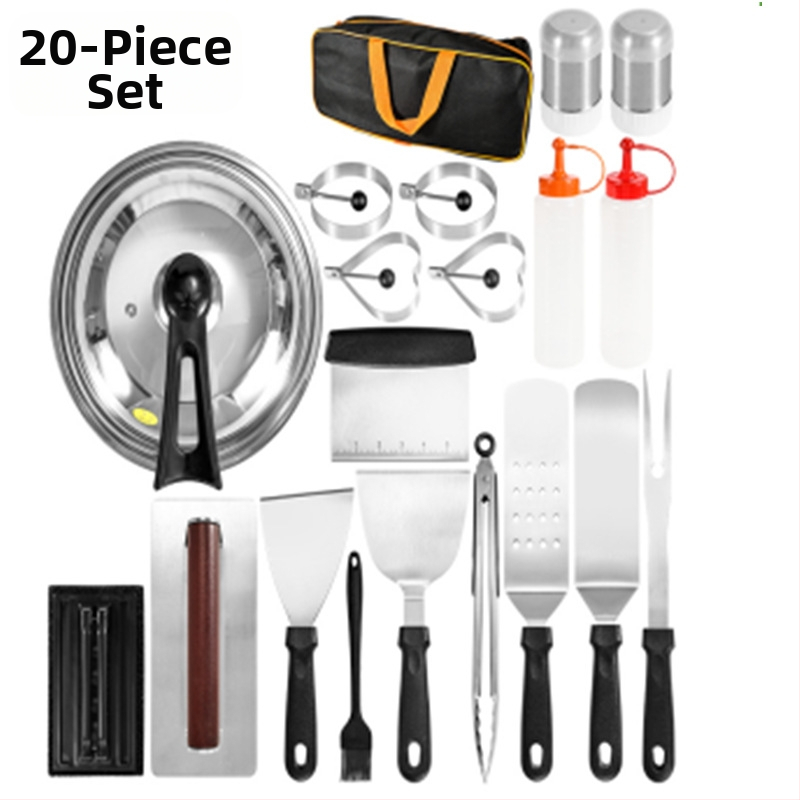 18 dalių nerūdijančio plieno kepsninės įrankių rinkinys su medinėmis rankenomis lauko teppanyaki kepimui; įskaitant klipsą, šepetėlį, šakutę ir mentele