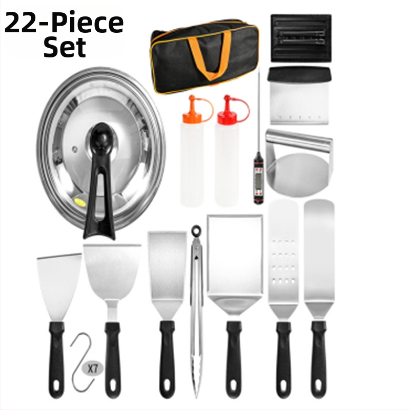 18 dalių nerūdijančio plieno kepsninės įrankių rinkinys su medinėmis rankenomis lauko teppanyaki kepimui; įskaitant klipsą, šepetėlį, šakutę ir mentele