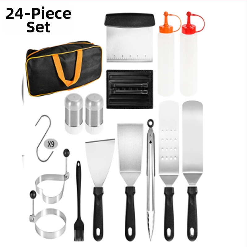 18 dalių nerūdijančio plieno kepsninės įrankių rinkinys su medinėmis rankenomis lauko teppanyaki kepimui; įskaitant klipsą, šepetėlį, šakutę ir mentele