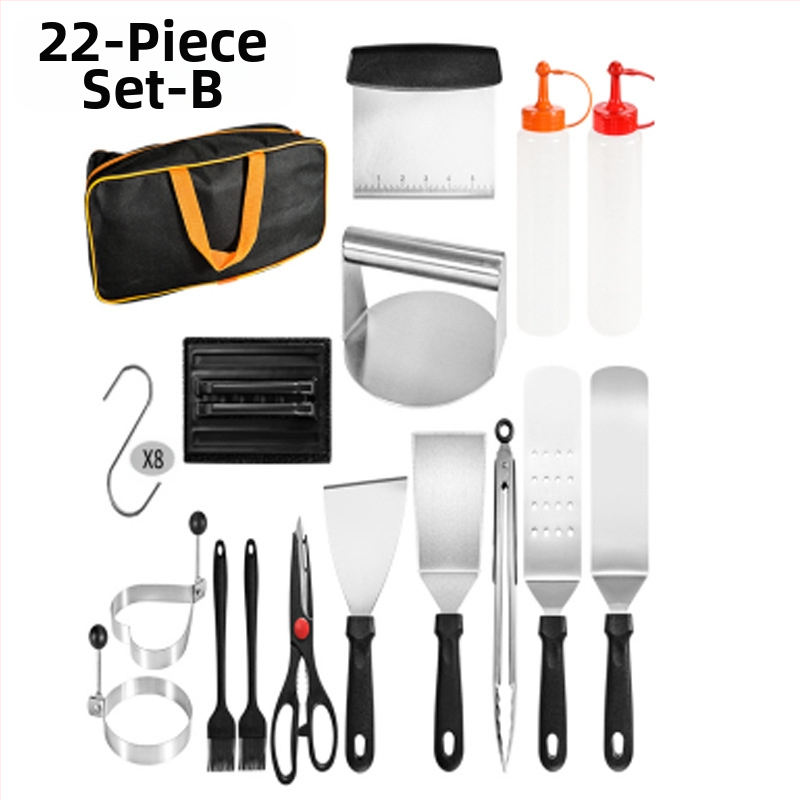 18 dalių nerūdijančio plieno kepsninės įrankių rinkinys su medinėmis rankenomis lauko teppanyaki kepimui; įskaitant klipsą, šepetėlį, šakutę ir mentele