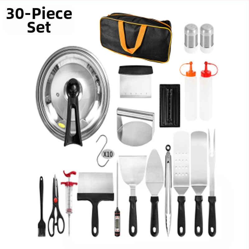 18 dalių nerūdijančio plieno kepsninės įrankių rinkinys su medinėmis rankenomis lauko teppanyaki kepimui; įskaitant klipsą, šepetėlį, šakutę ir mentele