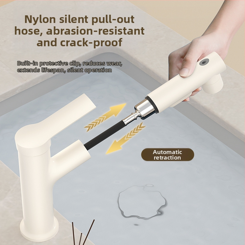 Кран за баня с прибиращ се спрей за мивка, горещо и студено, неръждаема стомана SUS33, керамичен клапан, 0-90°C, 0.8-1.2 MPa