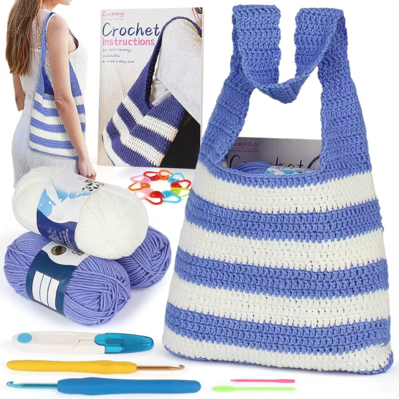 Set materijala za vunenu torbicu kukicom (Woolen yarn, semi-worsted, stranded yarn, Crochet material package, Braiding)