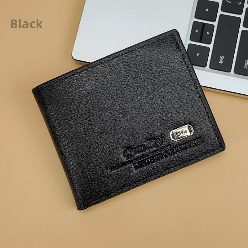 Мъжки портфейл с множество карти, голям капацитет, къс дизайн и клип за билети (PU leather, 2-fold, business commute, solid color, polyester lining)