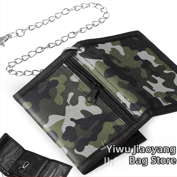 Peňaženka proti krádeži, multifunkčná, s otvorením na suchý zips Velcro, horizontálny krátky dizajn, z polyestera; klip na bankovky, ID okno, priehradky na karty a kapsa na zips.