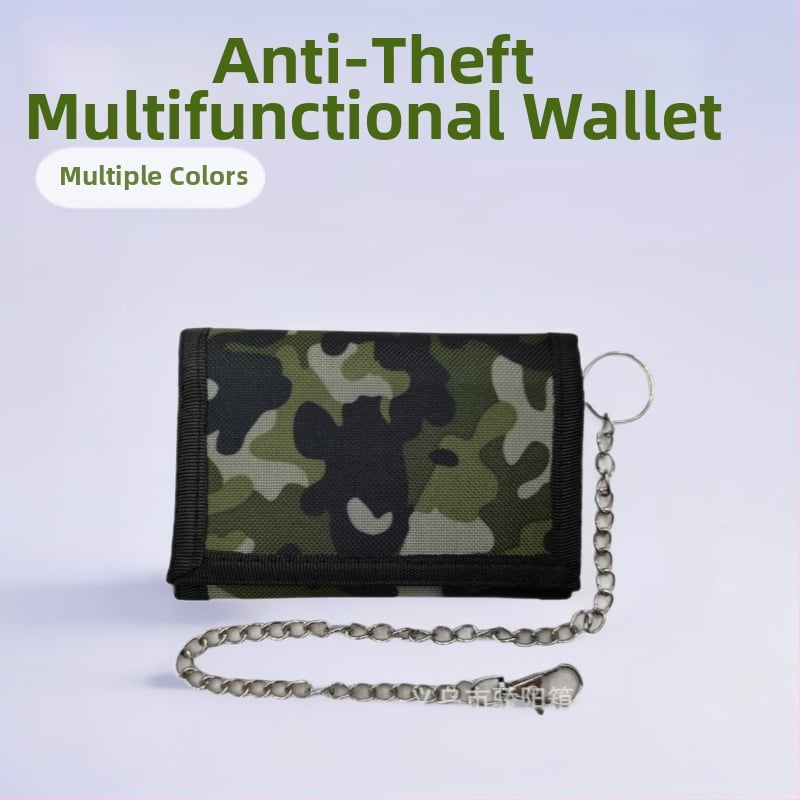 Портфейл против кражба, мултифункционален, с Velcro затваряне, хоризонтален къс дизайн, полиестер; банкнот клип, прозорец за ID, отделения за карти и джоб с цип.