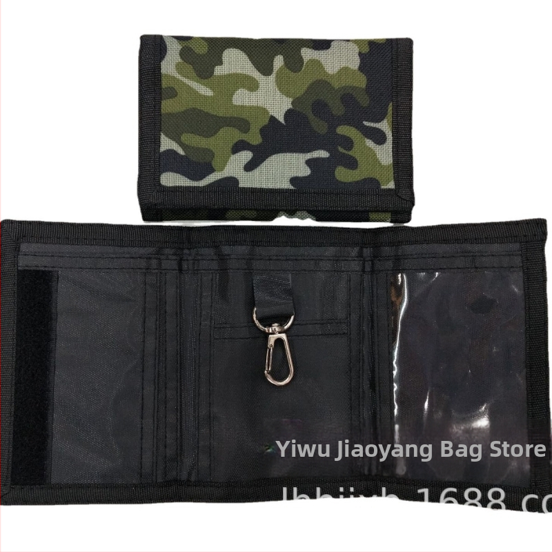 Peňaženka proti krádeži, multifunkčná, s otvorením na suchý zips Velcro, horizontálny krátky dizajn, z polyestera; klip na bankovky, ID okno, priehradky na karty a kapsa na zips.