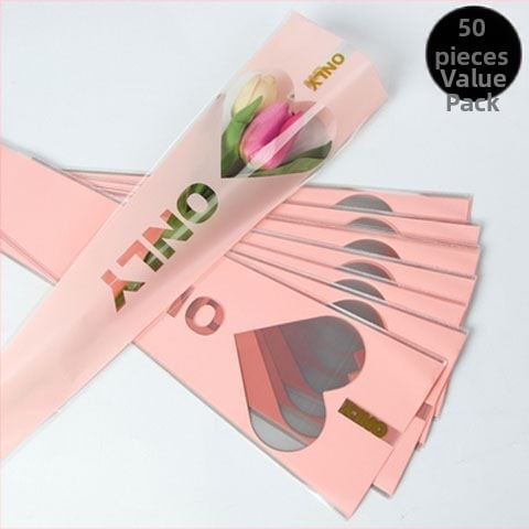 OPP maišelis vienai rožei puokštės įvyniojimui, širdies lango dizainas, tolerancija 5%