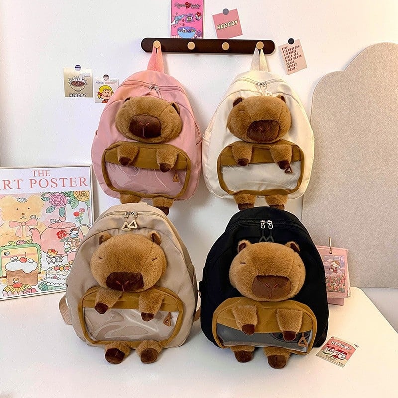 Kapibara pūkuota kuprinė mergaitėms – nailoniniai pūšiai, PP medvilnės užpildas, pavyzdžio pritaikymas