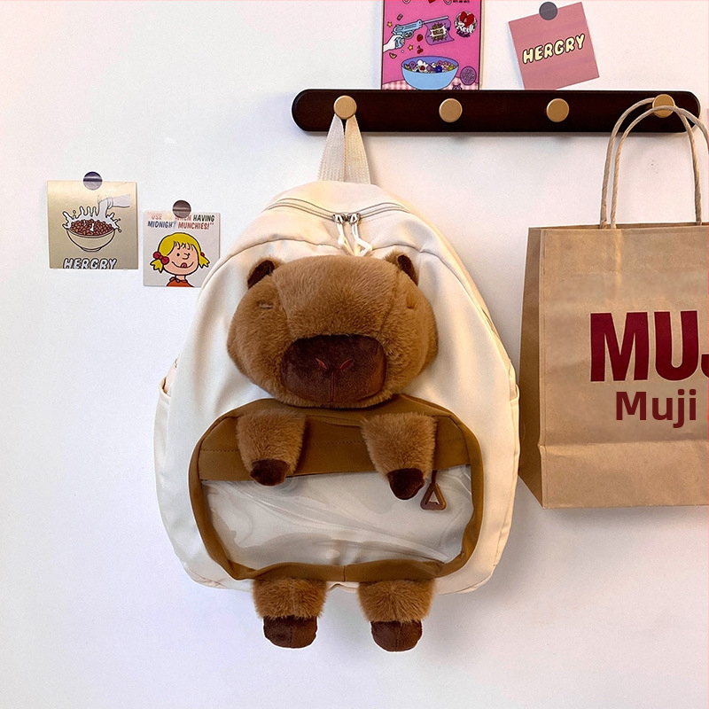 Kapibara pūkuota kuprinė mergaitėms – nailoniniai pūšiai, PP medvilnės užpildas, pavyzdžio pritaikymas