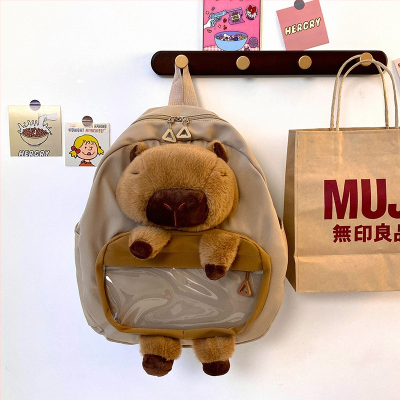 Kapibara pūkuota kuprinė mergaitėms – nailoniniai pūšiai, PP medvilnės užpildas, pavyzdžio pritaikymas