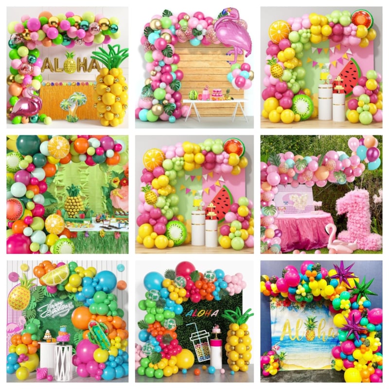 Havajų tematikos balionų šventės rinkinys su vainos arka ir balionų grandine — Double Start, lateksas, balionų tipas latekso balionas, forma Shape, tinkamas gimtadieniui ir vestuvėms