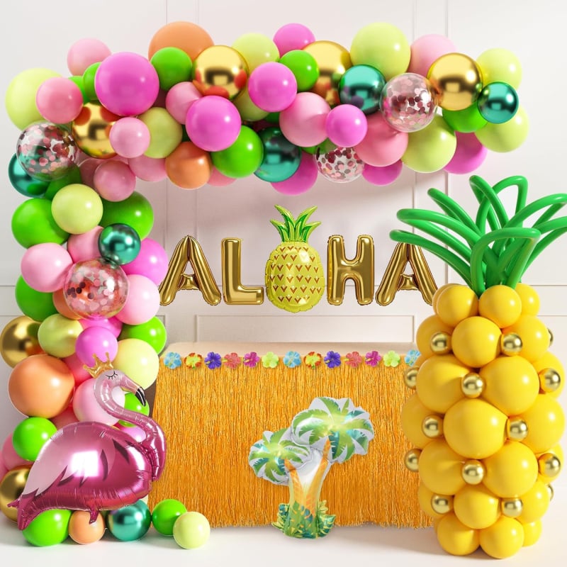 Havajų tematikos balionų šventės rinkinys su vainos arka ir balionų grandine — Double Start, lateksas, balionų tipas latekso balionas, forma Shape, tinkamas gimtadieniui ir vestuvėms