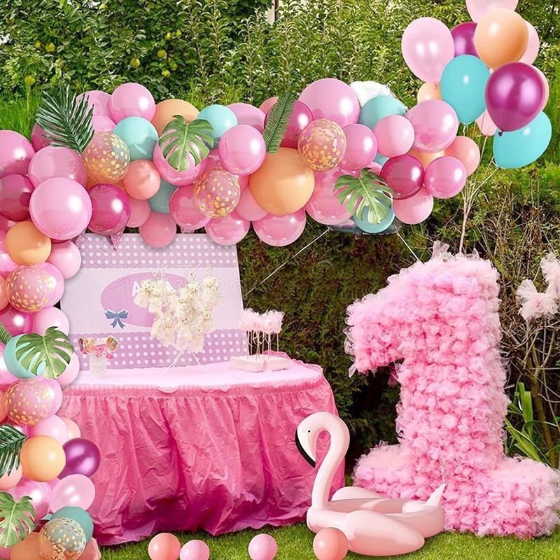 Havajų tematikos balionų šventės rinkinys su vainos arka ir balionų grandine — Double Start, lateksas, balionų tipas latekso balionas, forma Shape, tinkamas gimtadieniui ir vestuvėms