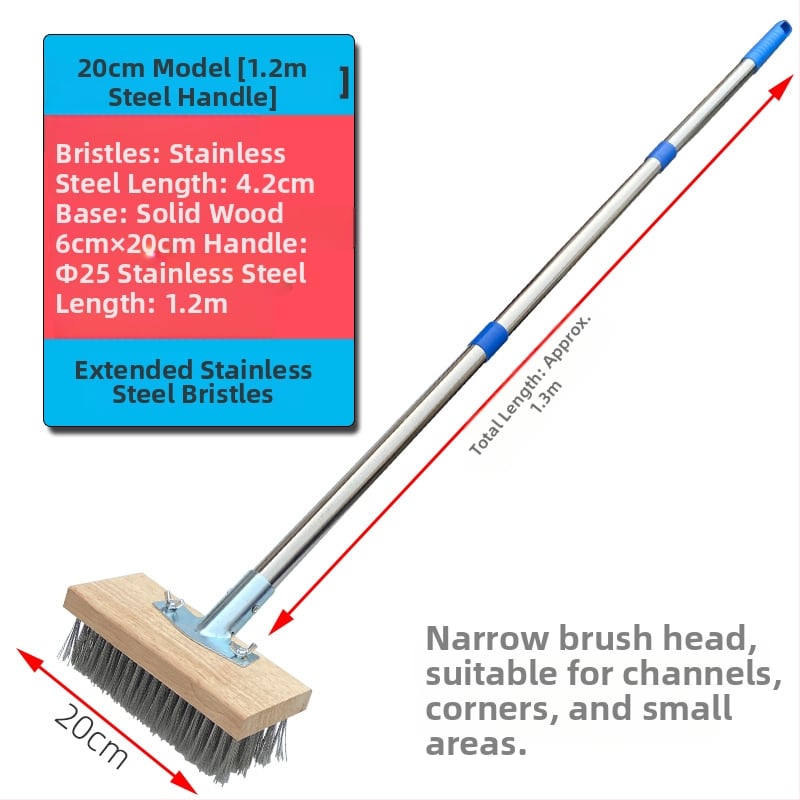Πλαστική βούρτσα δαπέδου με μακριά λαβή για απομάκρυνση βρύων — Καταγωγή: Κίνα; Συναρμολόγηση: απαιτείται κατσαβίδι για τη σφήξη δύο βιδών