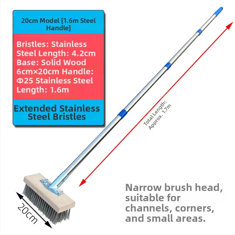 Πλαστική βούρτσα δαπέδου με μακριά λαβή για απομάκρυνση βρύων — Καταγωγή: Κίνα; Συναρμολόγηση: απαιτείται κατσαβίδι για τη σφήξη δύο βιδών