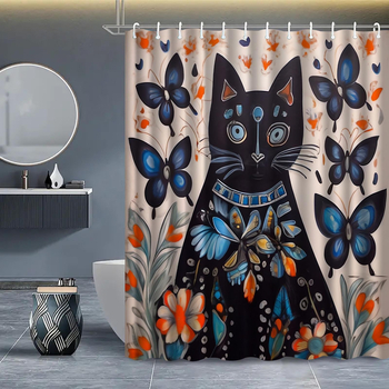 Πολυεστερική κουρτίνα ντους σε vintage στυλ με σχέδιο γάτας, δυνατότητα εκτύπωσης λογότυπου