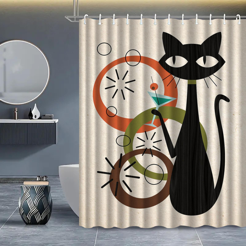 Πολυεστερική κουρτίνα ντους σε vintage στυλ με σχέδιο γάτας, δυνατότητα εκτύπωσης λογότυπου
