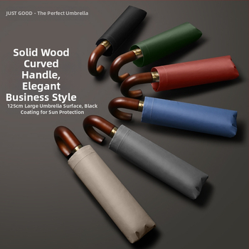 Αυτόματη αναδιπλούμενη ομπρέλα επιχειρηματική με κυρτή ξύλινη λαβή, ενισχυμένη κατασκευή, UV προστασία UPF 50+, 10 ακτίνες