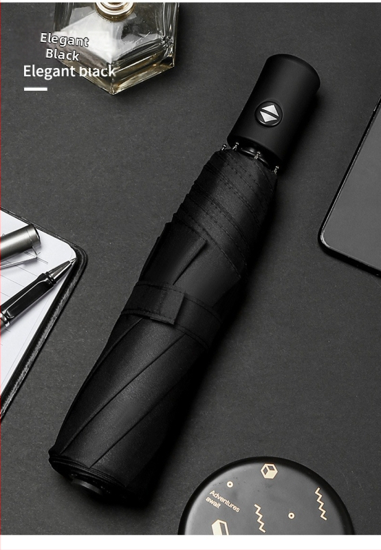 lietussargs ar 8 ribām, vēju izturīgs, trīsdaļīgs salocīts, pusautomātisks atvērums, automātisks aizvērums, 210T audums, logotipa personalizācija