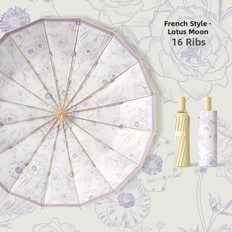 Ομπρέλα ήλίου με 16 βέργες, χειροκίνητο άνοιγμα, UV προστασία UPF 50+, βέργες από κράμα, λαβή από σκληρό ξύλο